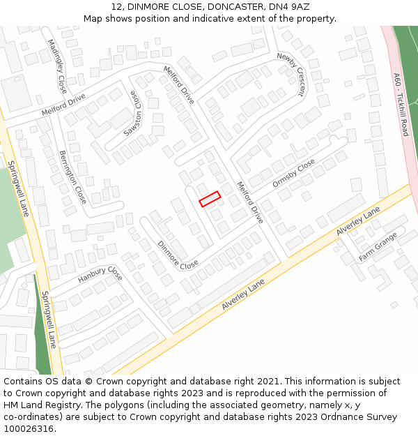12, DINMORE CLOSE, DONCASTER, DN4 9AZ: Location map and indicative extent of plot