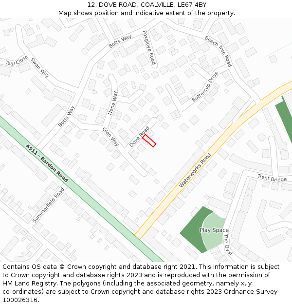 12, DOVE ROAD, COALVILLE, LE67 4BY: Location map and indicative extent of plot