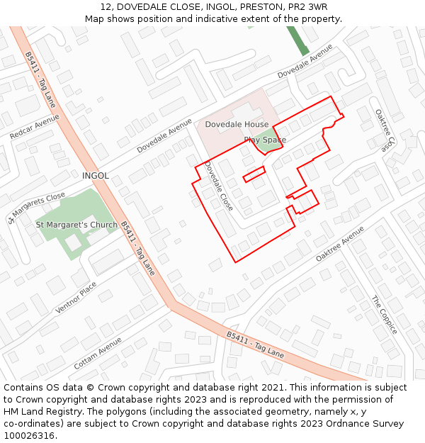 12, DOVEDALE CLOSE, INGOL, PRESTON, PR2 3WR: Location map and indicative extent of plot