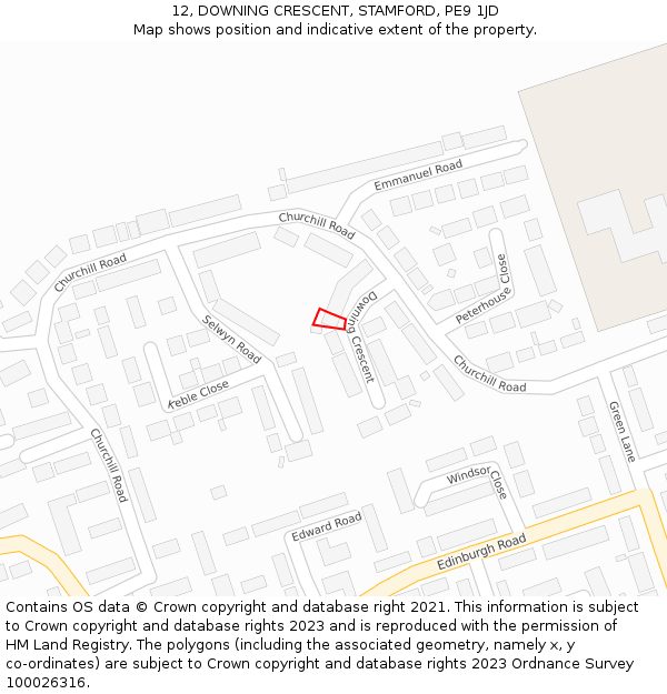 12, DOWNING CRESCENT, STAMFORD, PE9 1JD: Location map and indicative extent of plot