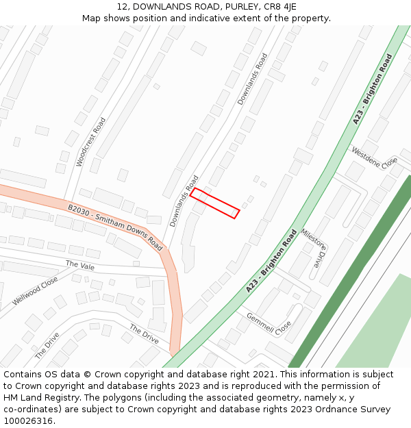 12, DOWNLANDS ROAD, PURLEY, CR8 4JE: Location map and indicative extent of plot