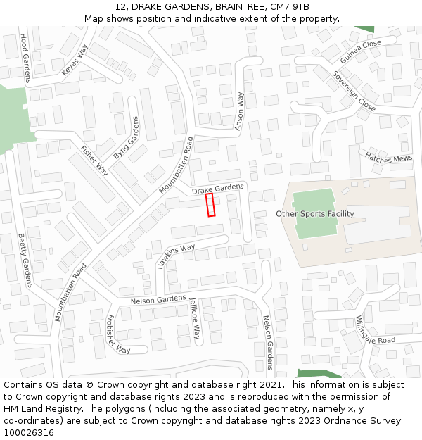 12, DRAKE GARDENS, BRAINTREE, CM7 9TB: Location map and indicative extent of plot