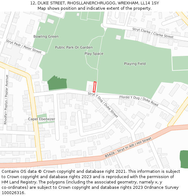 12, DUKE STREET, RHOSLLANERCHRUGOG, WREXHAM, LL14 1SY: Location map and indicative extent of plot