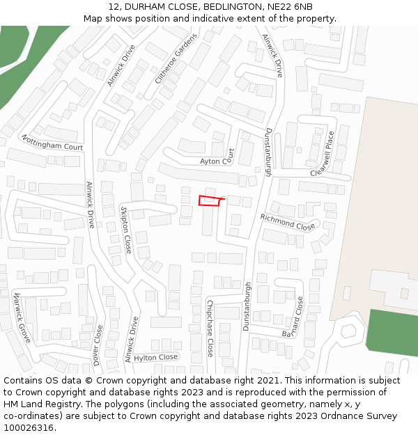 12, DURHAM CLOSE, BEDLINGTON, NE22 6NB: Location map and indicative extent of plot