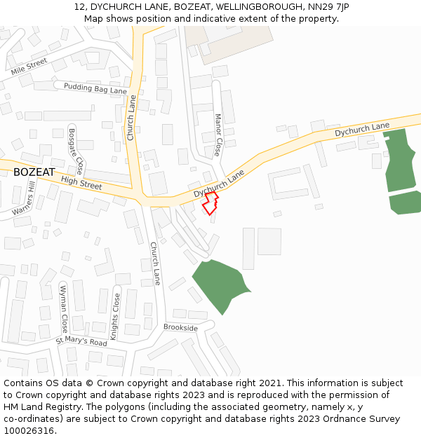 12, DYCHURCH LANE, BOZEAT, WELLINGBOROUGH, NN29 7JP: Location map and indicative extent of plot