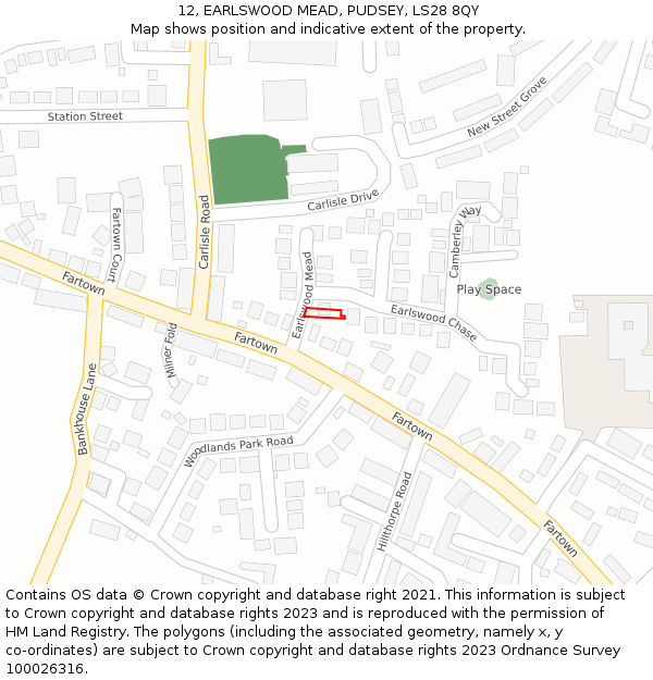 12, EARLSWOOD MEAD, PUDSEY, LS28 8QY: Location map and indicative extent of plot