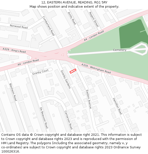 12, EASTERN AVENUE, READING, RG1 5RY: Location map and indicative extent of plot