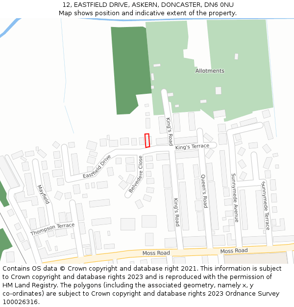 12, EASTFIELD DRIVE, ASKERN, DONCASTER, DN6 0NU: Location map and indicative extent of plot