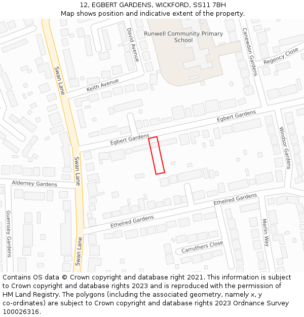 12, EGBERT GARDENS, WICKFORD, SS11 7BH: Location map and indicative extent of plot