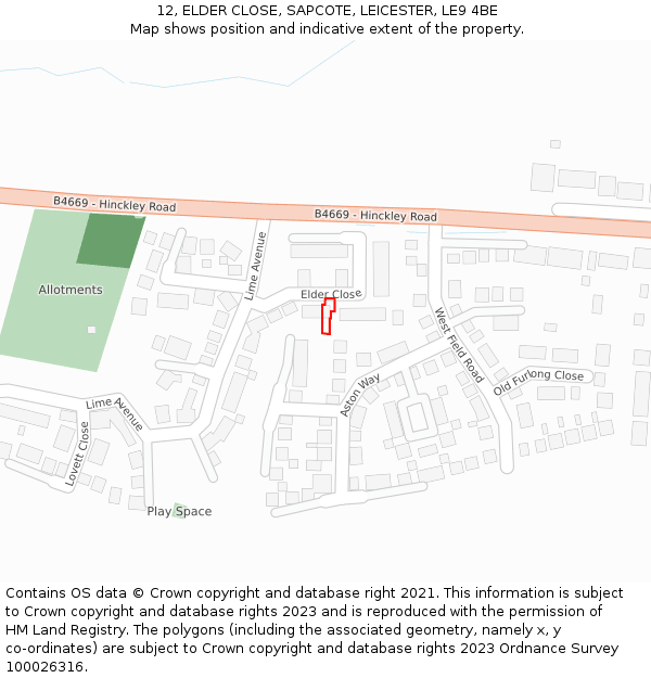 12, ELDER CLOSE, SAPCOTE, LEICESTER, LE9 4BE: Location map and indicative extent of plot