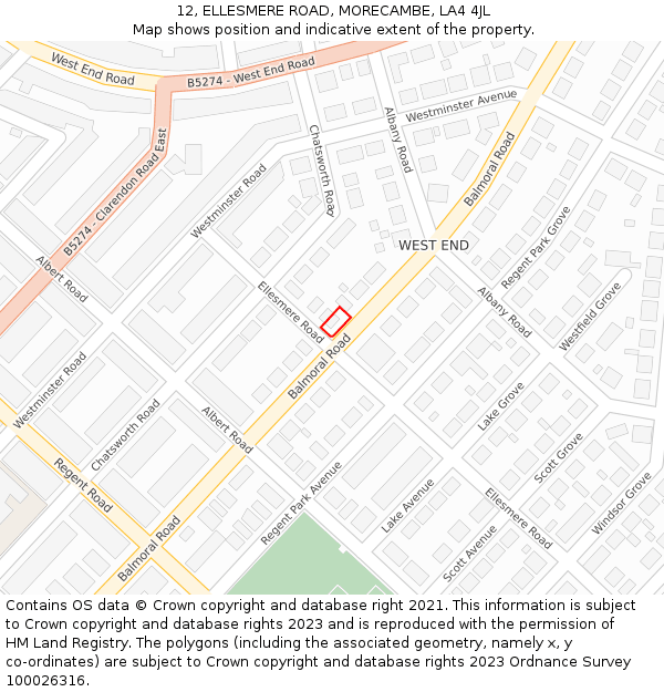 12, ELLESMERE ROAD, MORECAMBE, LA4 4JL: Location map and indicative extent of plot