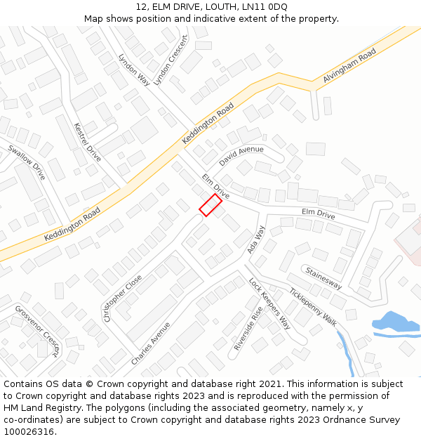 12, ELM DRIVE, LOUTH, LN11 0DQ: Location map and indicative extent of plot