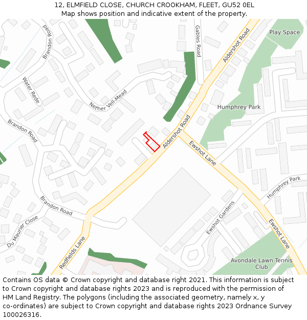 12, ELMFIELD CLOSE, CHURCH CROOKHAM, FLEET, GU52 0EL: Location map and indicative extent of plot