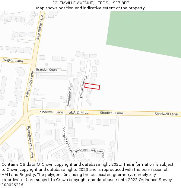 12, EMVILLE AVENUE, LEEDS, LS17 8BB: Location map and indicative extent of plot