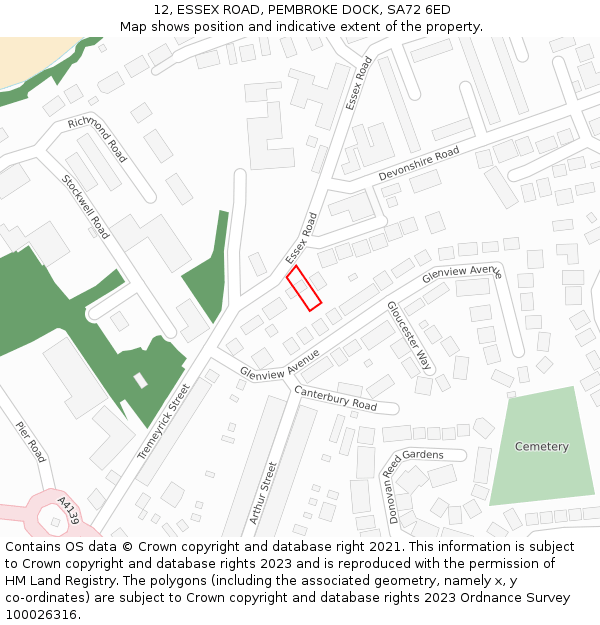 12, ESSEX ROAD, PEMBROKE DOCK, SA72 6ED: Location map and indicative extent of plot