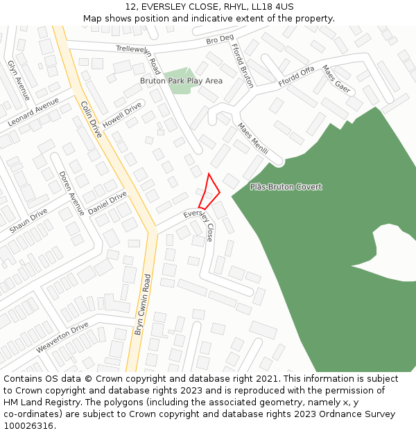 12, EVERSLEY CLOSE, RHYL, LL18 4US: Location map and indicative extent of plot