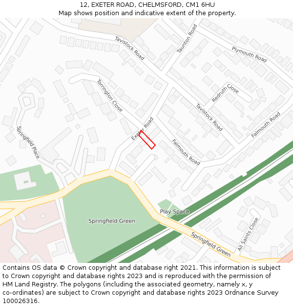 12, EXETER ROAD, CHELMSFORD, CM1 6HU: Location map and indicative extent of plot