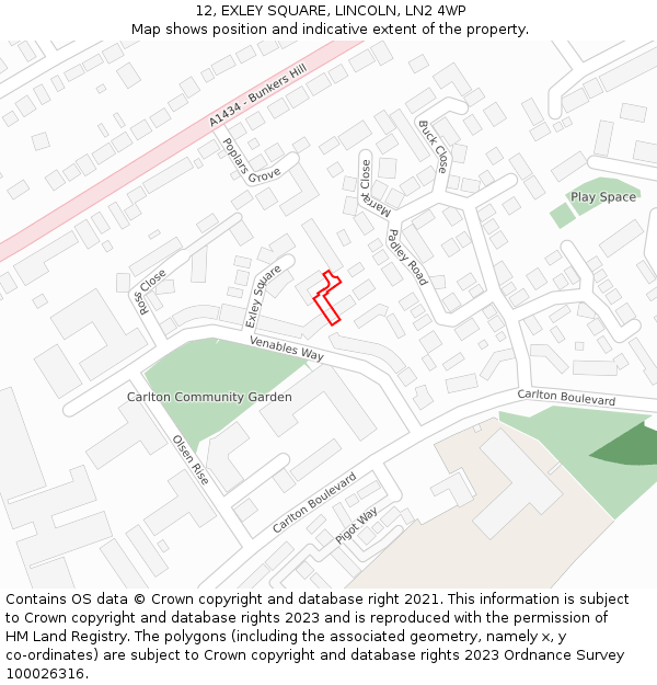 12, EXLEY SQUARE, LINCOLN, LN2 4WP: Location map and indicative extent of plot