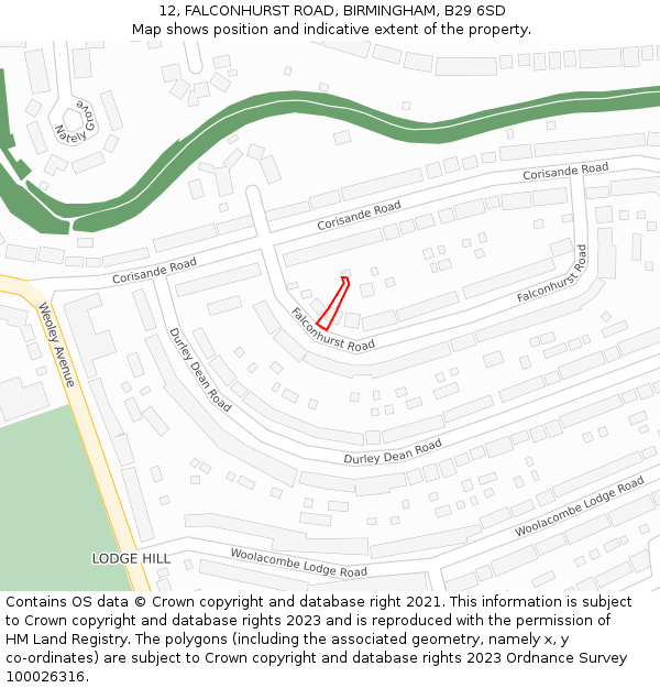 12, FALCONHURST ROAD, BIRMINGHAM, B29 6SD: Location map and indicative extent of plot