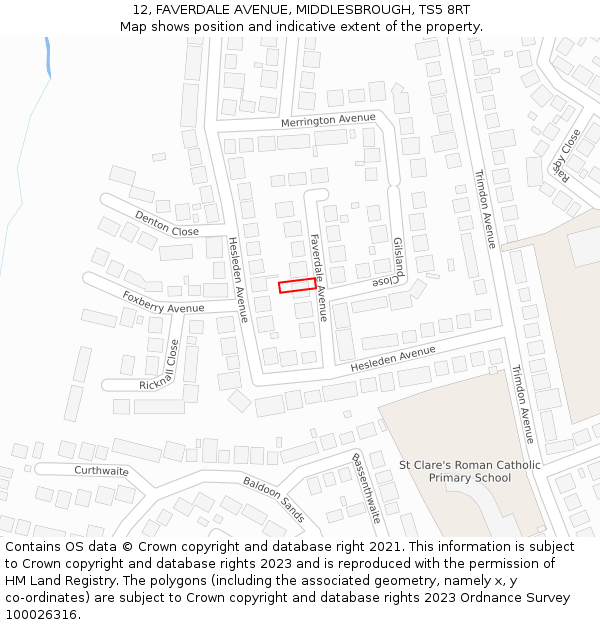 12, FAVERDALE AVENUE, MIDDLESBROUGH, TS5 8RT: Location map and indicative extent of plot