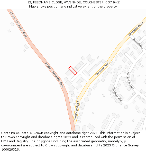 12, FEEDHAMS CLOSE, WIVENHOE, COLCHESTER, CO7 9HZ: Location map and indicative extent of plot