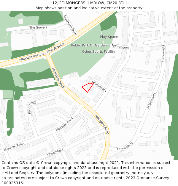 12, FELMONGERS, HARLOW, CM20 3DH: Location map and indicative extent of plot