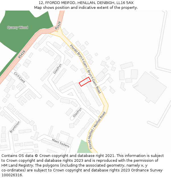 12, FFORDD MEIFOD, HENLLAN, DENBIGH, LL16 5AX: Location map and indicative extent of plot