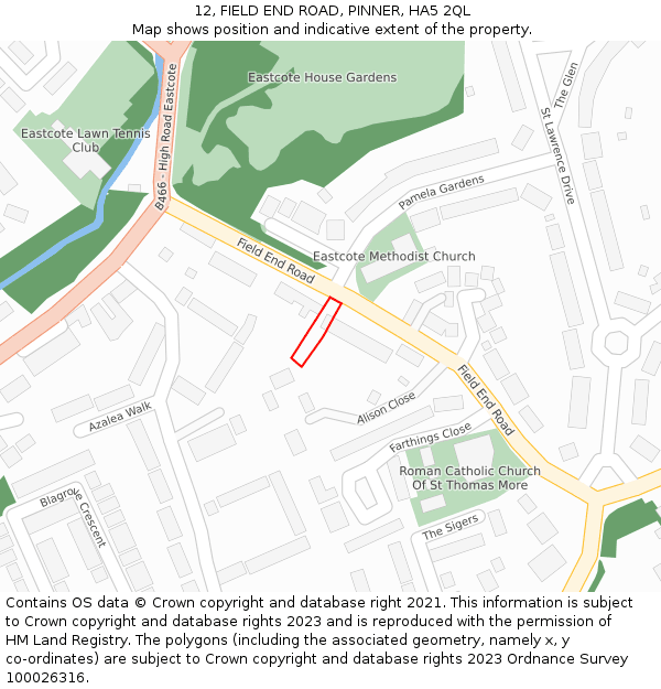 12, FIELD END ROAD, PINNER, HA5 2QL: Location map and indicative extent of plot