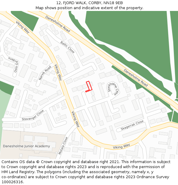 12, FJORD WALK, CORBY, NN18 9EB: Location map and indicative extent of plot