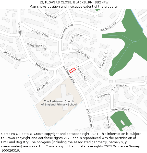 12, FLOWERS CLOSE, BLACKBURN, BB2 4FW: Location map and indicative extent of plot