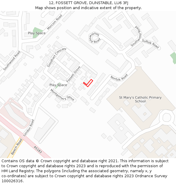 12, FOSSETT GROVE, DUNSTABLE, LU6 3FJ: Location map and indicative extent of plot