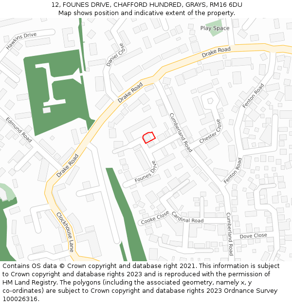 12, FOUNES DRIVE, CHAFFORD HUNDRED, GRAYS, RM16 6DU: Location map and indicative extent of plot