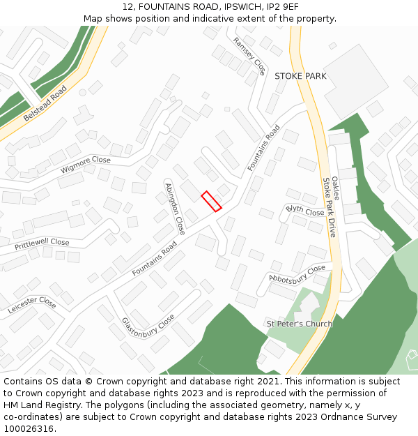 12, FOUNTAINS ROAD, IPSWICH, IP2 9EF: Location map and indicative extent of plot