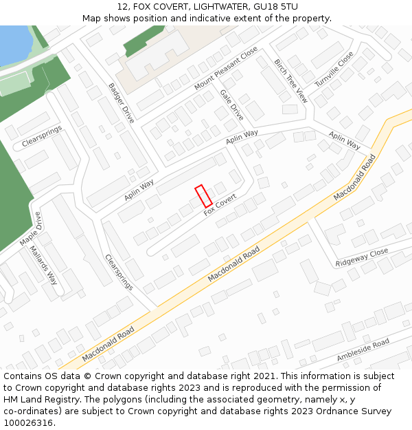 12, FOX COVERT, LIGHTWATER, GU18 5TU: Location map and indicative extent of plot