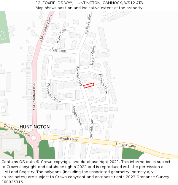 12, FOXFIELDS WAY, HUNTINGTON, CANNOCK, WS12 4TA: Location map and indicative extent of plot