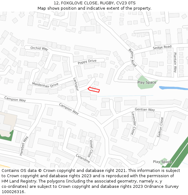 12, FOXGLOVE CLOSE, RUGBY, CV23 0TS: Location map and indicative extent of plot