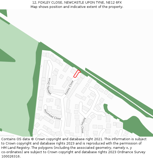 12, FOXLEY CLOSE, NEWCASTLE UPON TYNE, NE12 6FX: Location map and indicative extent of plot