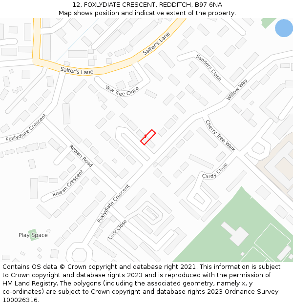 12, FOXLYDIATE CRESCENT, REDDITCH, B97 6NA: Location map and indicative extent of plot