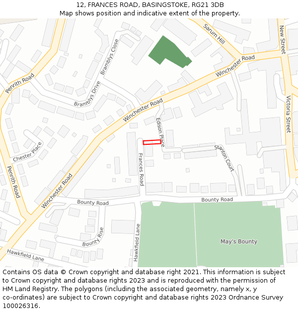 12, FRANCES ROAD, BASINGSTOKE, RG21 3DB: Location map and indicative extent of plot