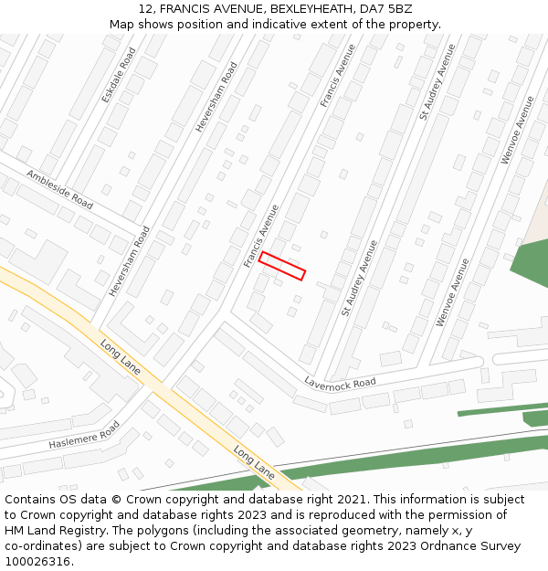 12, FRANCIS AVENUE, BEXLEYHEATH, DA7 5BZ: Location map and indicative extent of plot