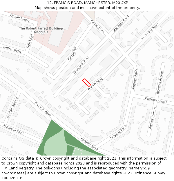 12, FRANCIS ROAD, MANCHESTER, M20 4XP: Location map and indicative extent of plot