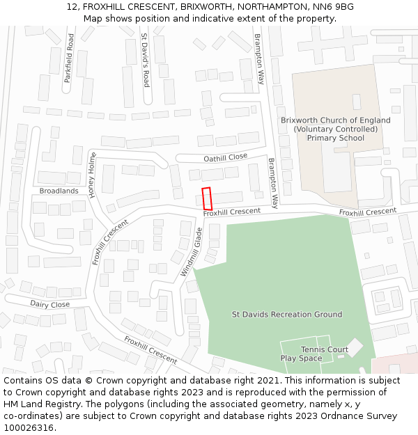 12, FROXHILL CRESCENT, BRIXWORTH, NORTHAMPTON, NN6 9BG: Location map and indicative extent of plot