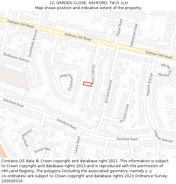 12, GARDEN CLOSE, ASHFORD, TW15 1LH: Location map and indicative extent of plot