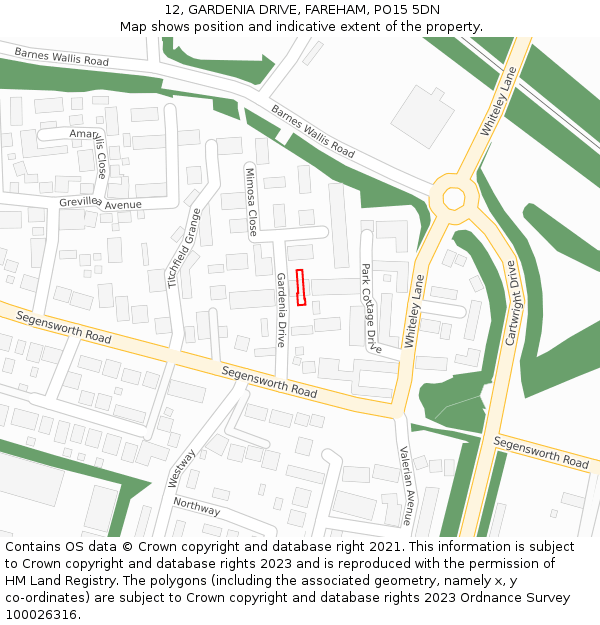 12, GARDENIA DRIVE, FAREHAM, PO15 5DN: Location map and indicative extent of plot