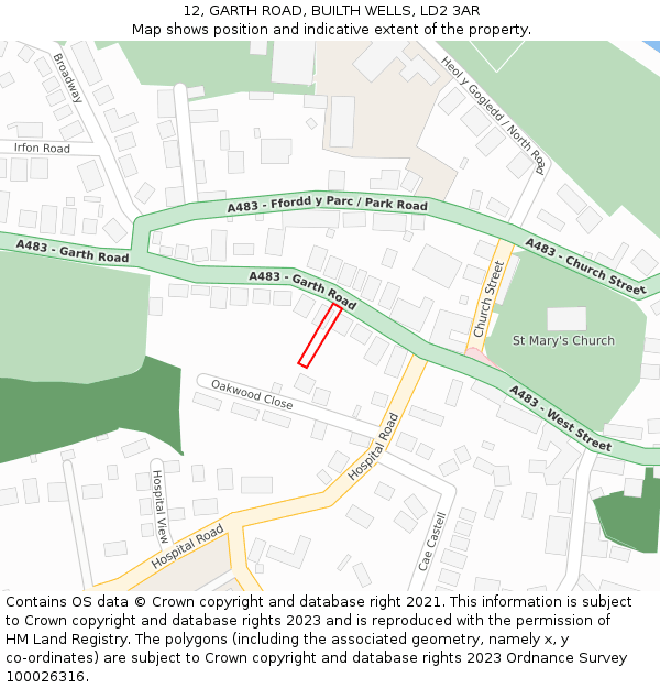 12, GARTH ROAD, BUILTH WELLS, LD2 3AR: Location map and indicative extent of plot