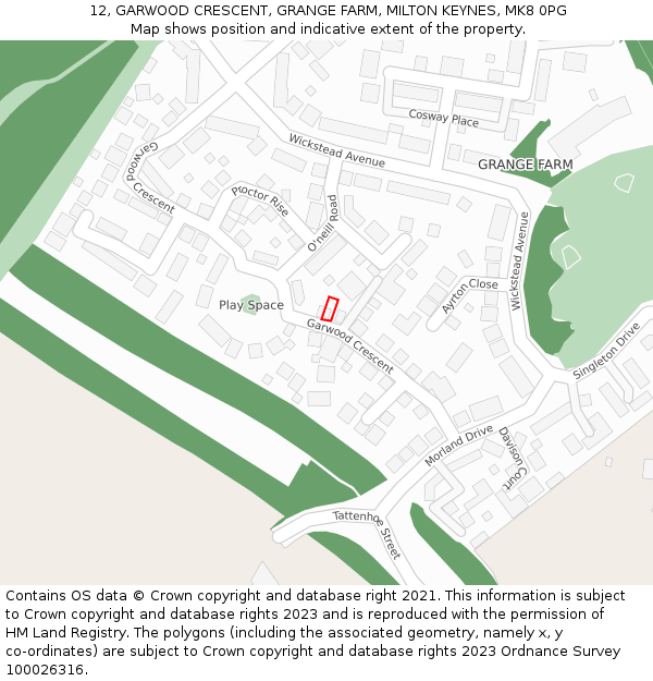 12, GARWOOD CRESCENT, GRANGE FARM, MILTON KEYNES, MK8 0PG: Location map and indicative extent of plot