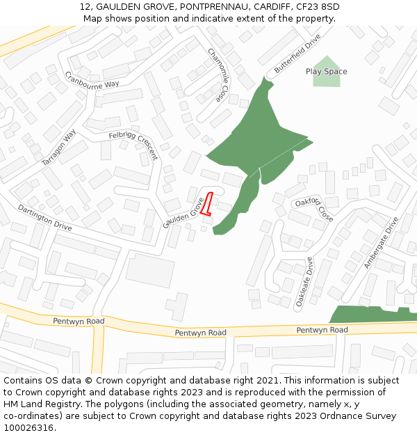 12, GAULDEN GROVE, PONTPRENNAU, CARDIFF, CF23 8SD: Location map and indicative extent of plot