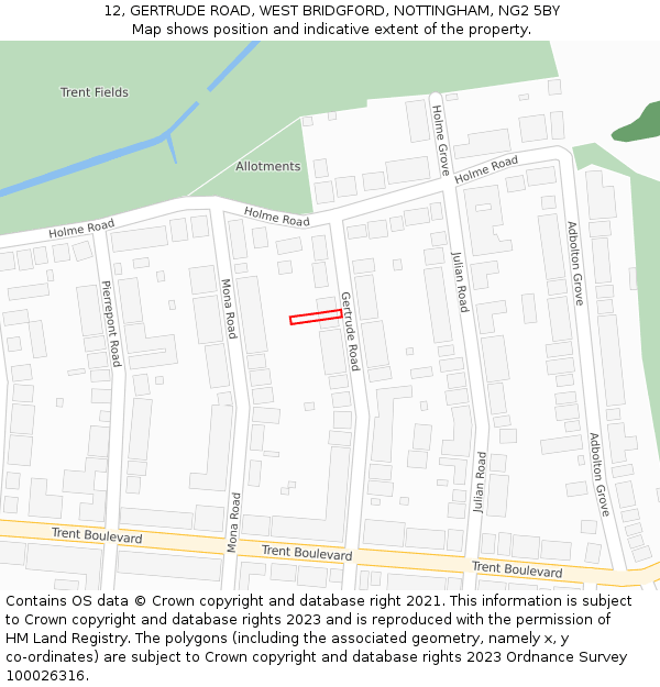 12, GERTRUDE ROAD, WEST BRIDGFORD, NOTTINGHAM, NG2 5BY: Location map and indicative extent of plot