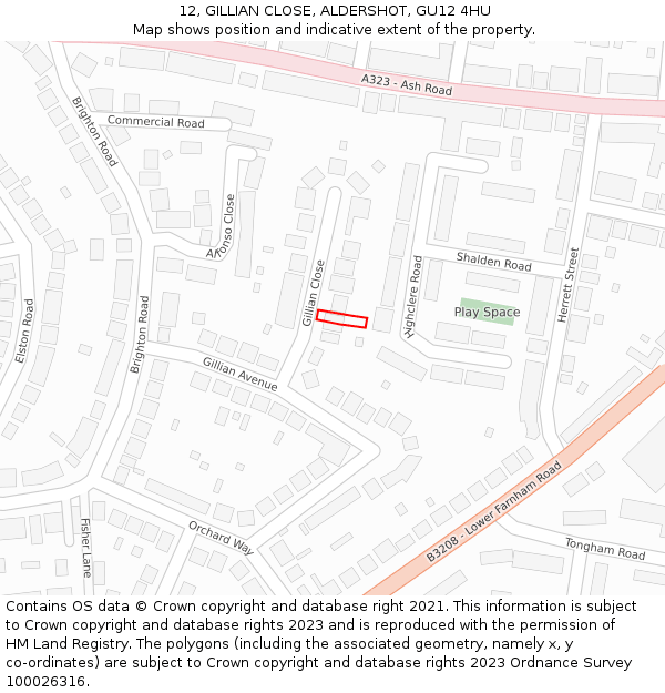 12, GILLIAN CLOSE, ALDERSHOT, GU12 4HU: Location map and indicative extent of plot