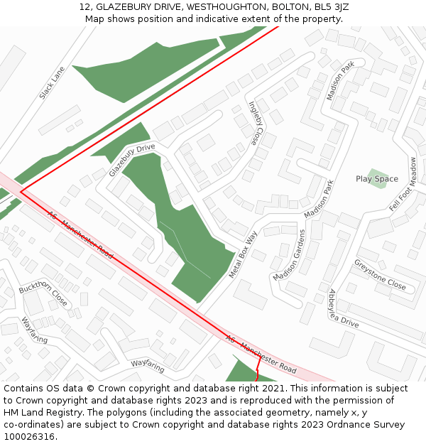 12, GLAZEBURY DRIVE, WESTHOUGHTON, BOLTON, BL5 3JZ: Location map and indicative extent of plot
